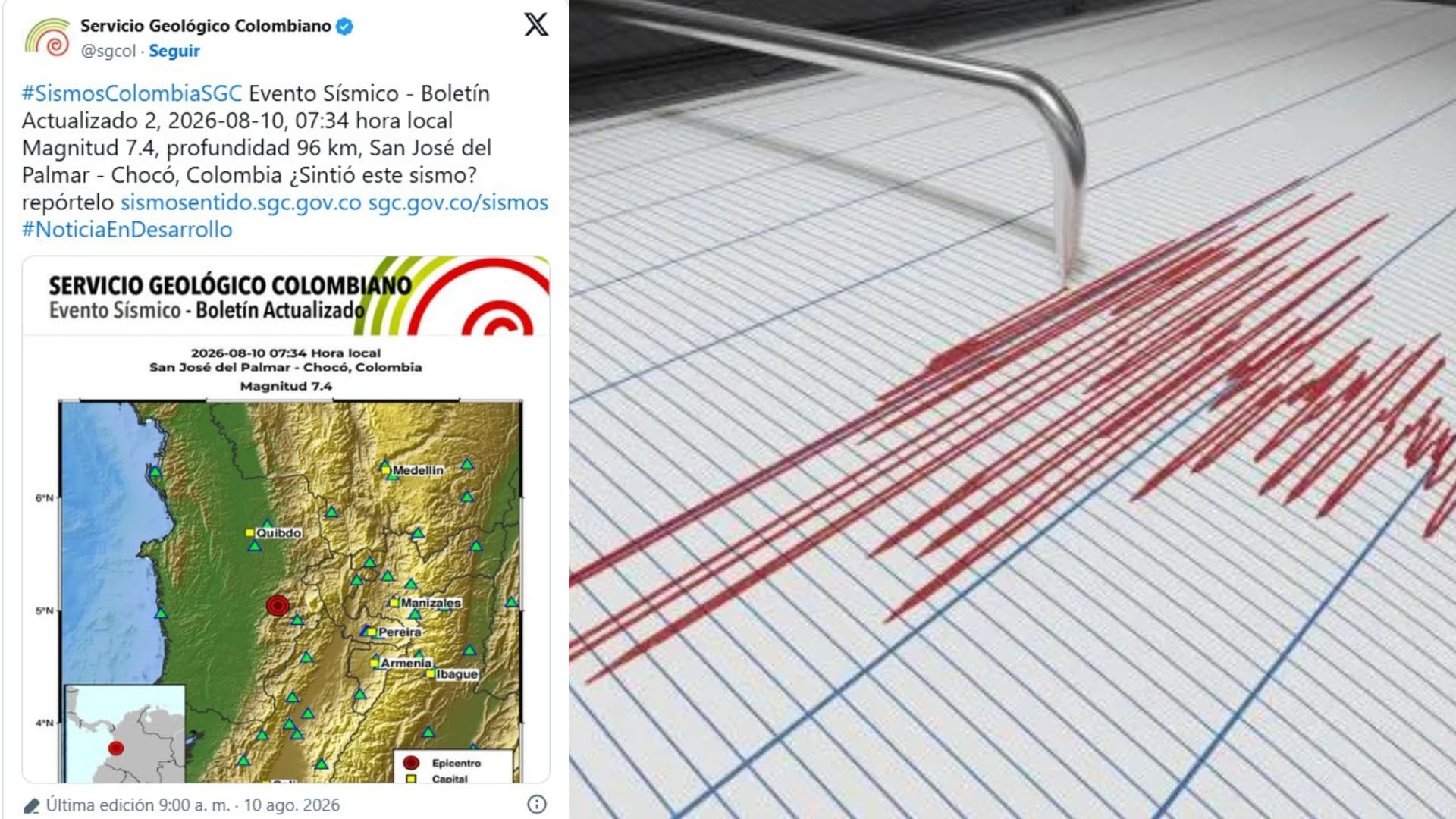 Fuerte terremoto de 7,4 en el occidente de Colombia sacude a todo el país hoy 10 de agosto