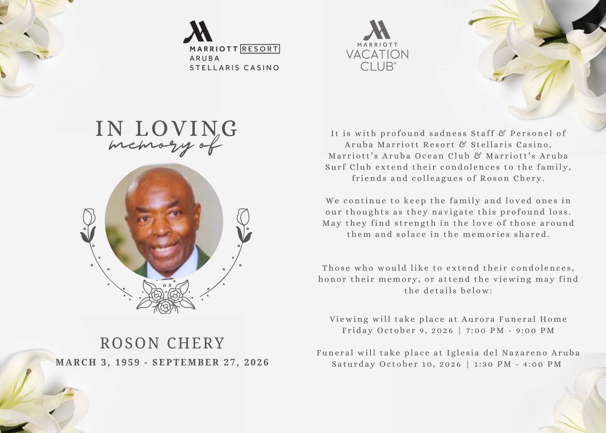 Aruba Marriott mourns the passing of Roson Chery